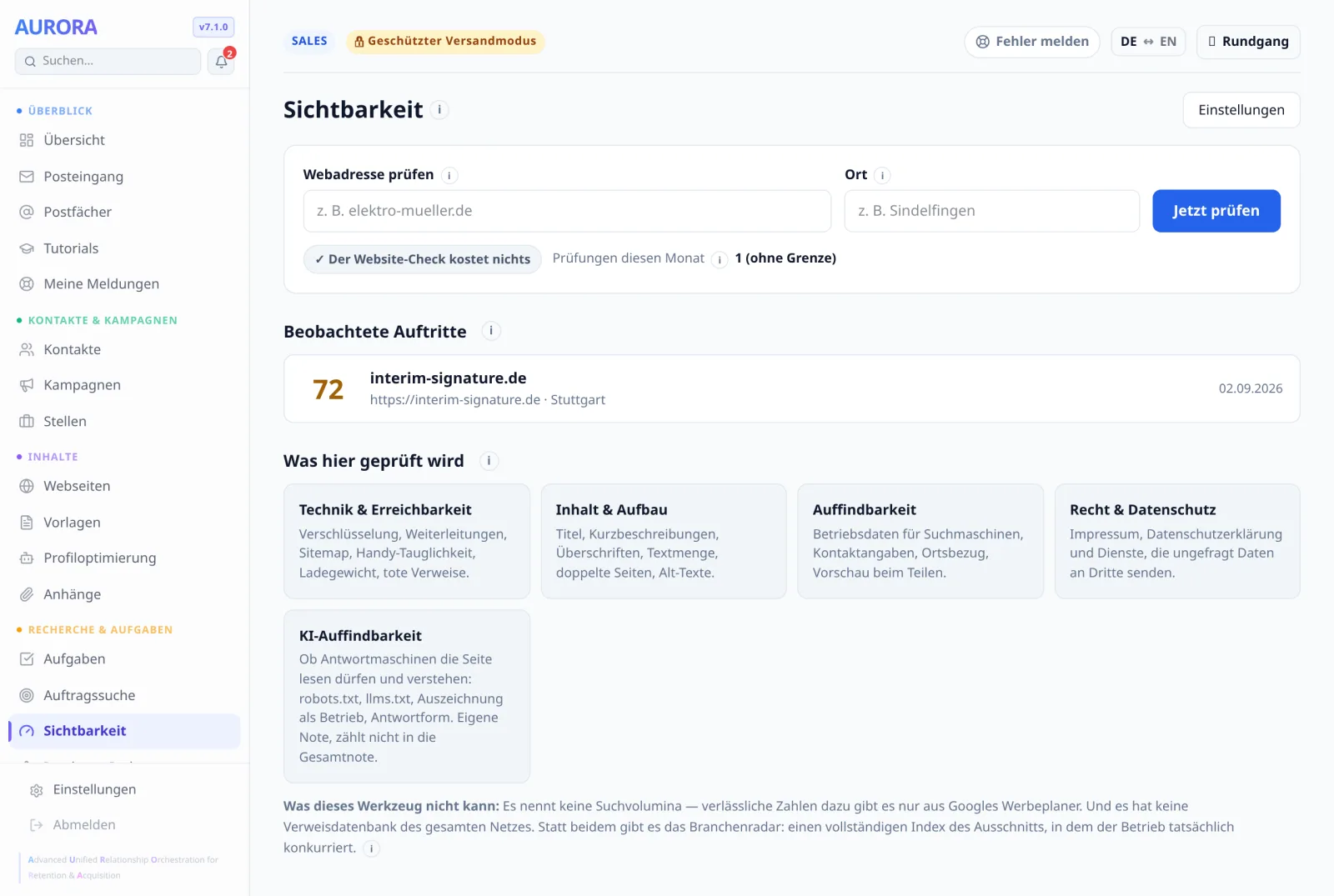 Adresse und Ort eintragen, dann „Jetzt prüfen“. Direkt daneben steht, was es kostet: „Der Website-Check kostet nichts“.